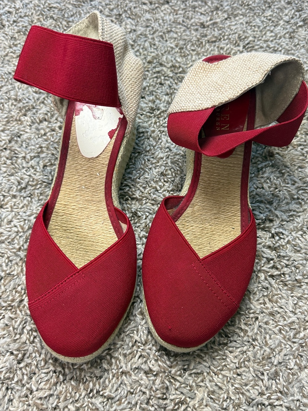 Lauren Ralph Lauren Red Canvas Espadrille Wedge Sandals with Ankle Strap - Picture 3 of 9